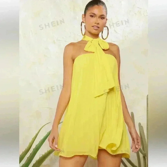 NWT SHEIN Haute Neck Tie Pleated Dress-Yellow-Size M - Picture 4 of 13